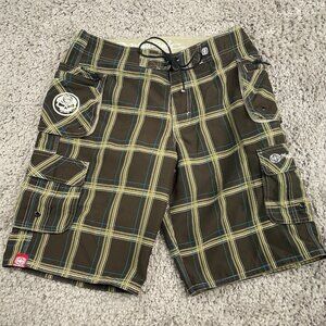 Maui Built Board Shorts Men Size 34 Brown Plaid Zip & Cargo Pockets 11.5" Inseam